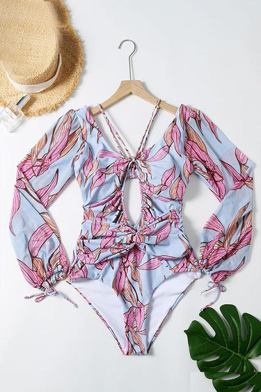 Leaf Print Cut-Out Puff Long Sleeve UPF50+ Rash Guard
